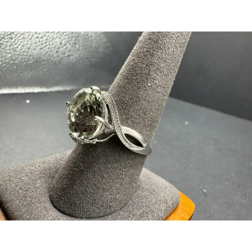 Vtg 925 Sterling Silver Oval Prasiolite Green Amethyst Cocktail Ring Sz 10.25
